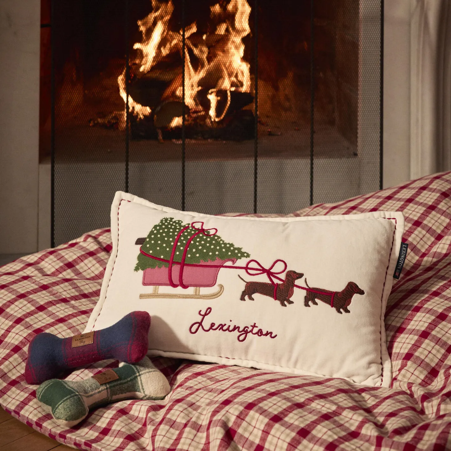 Dog Sleigh Velvet Pillow, white multi